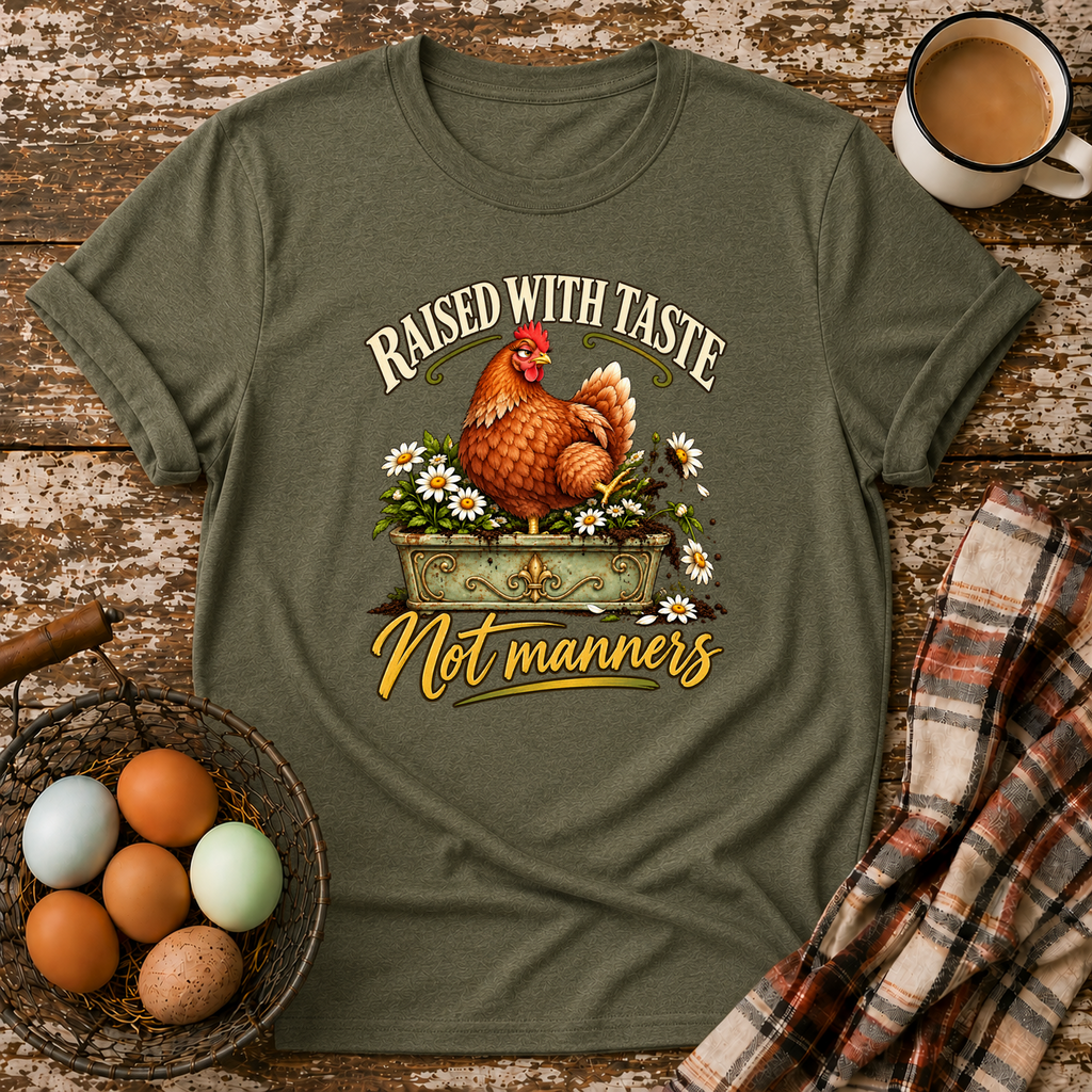 Raised With Taste Not Manners T-Shirt in Heather Military Green