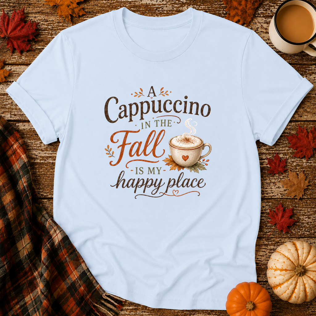 A Cappuccino in the Fall Is My Happy Place T-Shirt in Light Blue