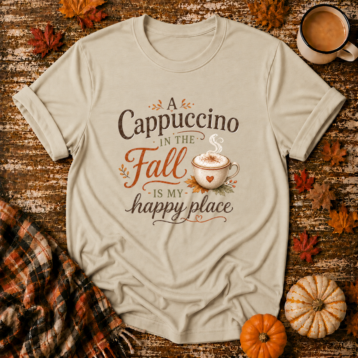 A Cappuccino in the Fall Is My Happy Place T-Shirt in Sand