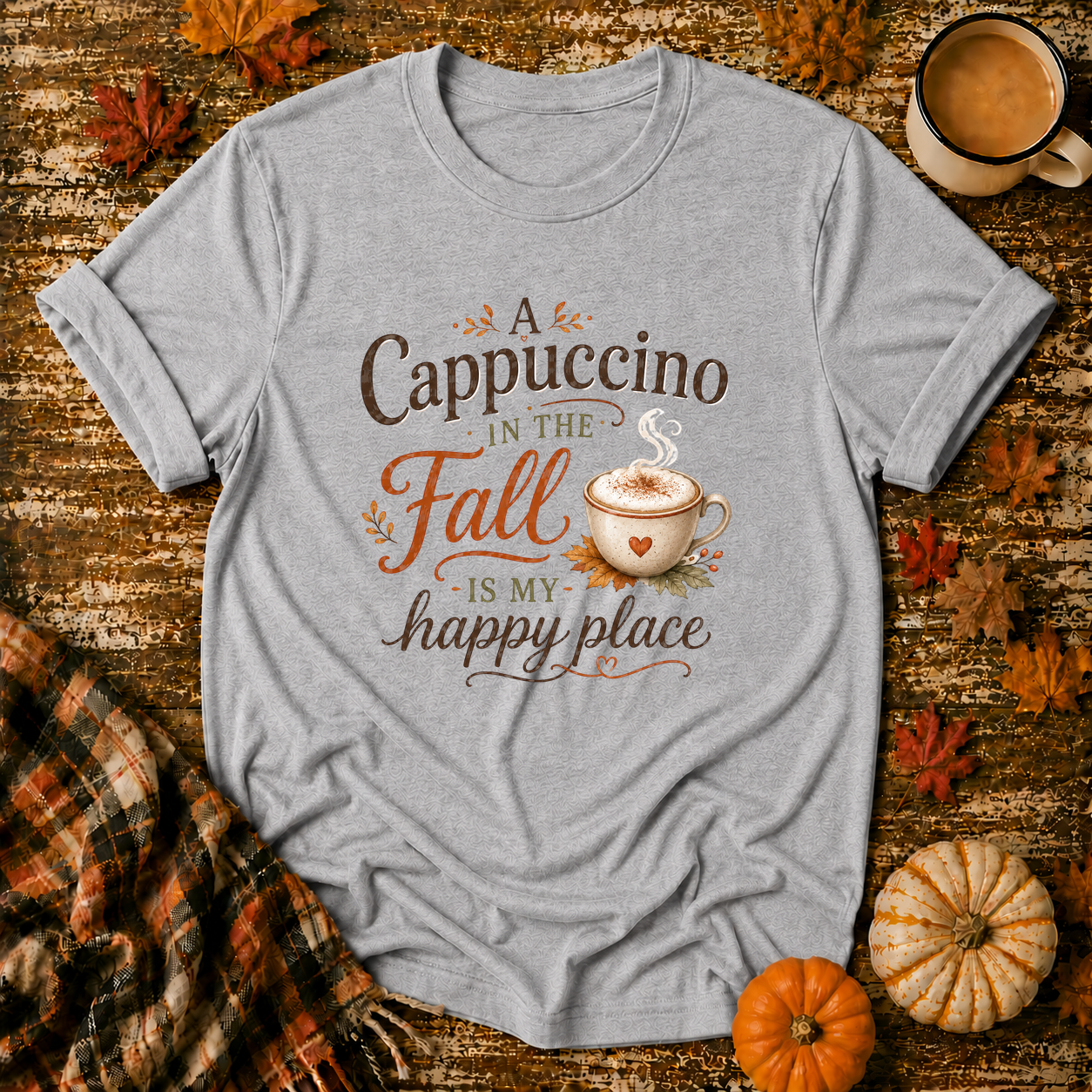 A Cappuccino in the Fall Is My Happy Place T-Shirt in Sport Grey