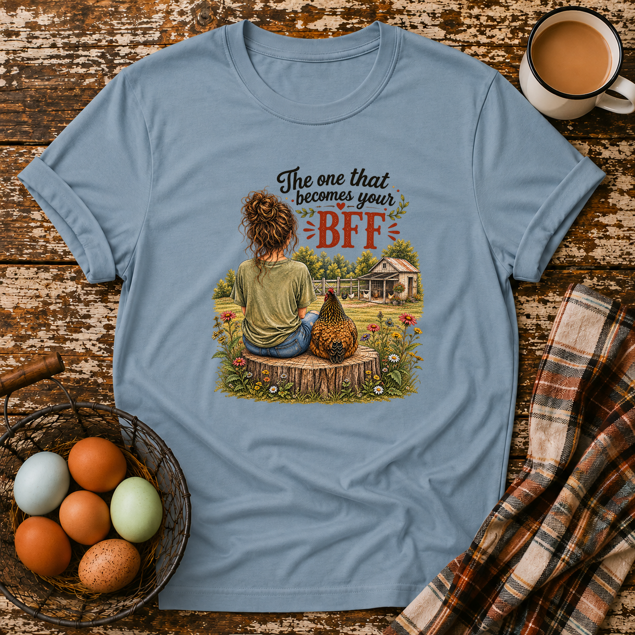 BFF Brown Hair T-Shirt in Stone Blue