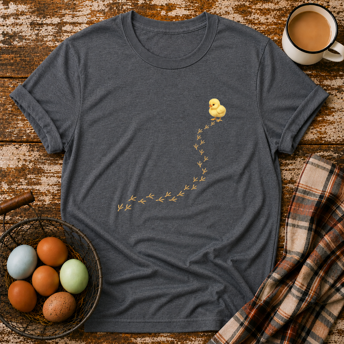 Baby Chick Footprints T-Shirt in Dark Heather on Shady Hen Mercantile Evergreen mockup