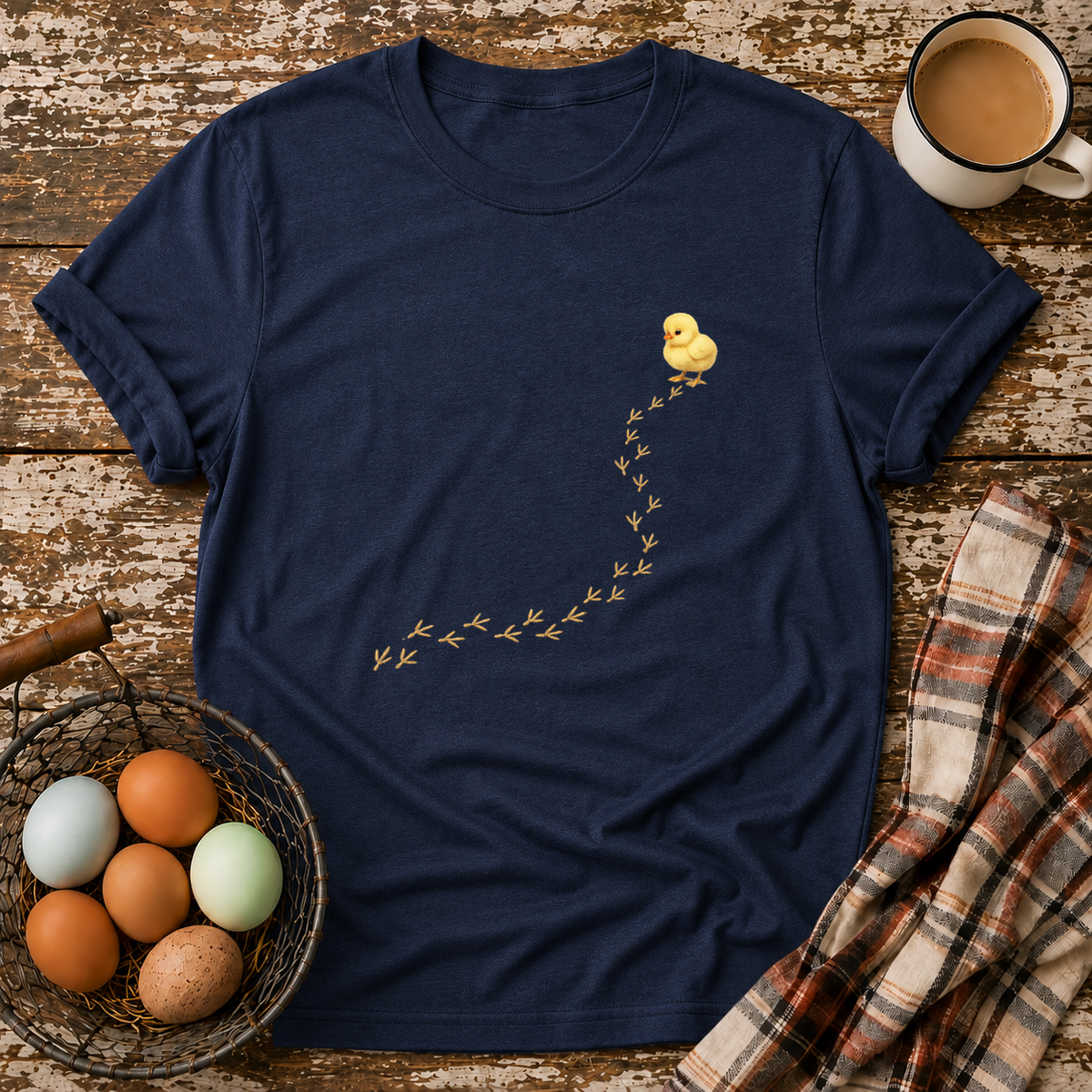 Baby Chick Footprints T-Shirt in Navy on Shady Hen Mercantile Evergreen mockup