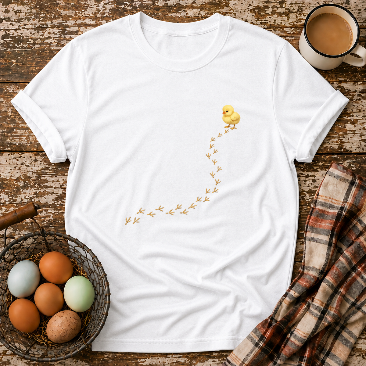 Baby Chick Footprints T-Shirt in White on Shady Hen Mercantile Evergreen mockup