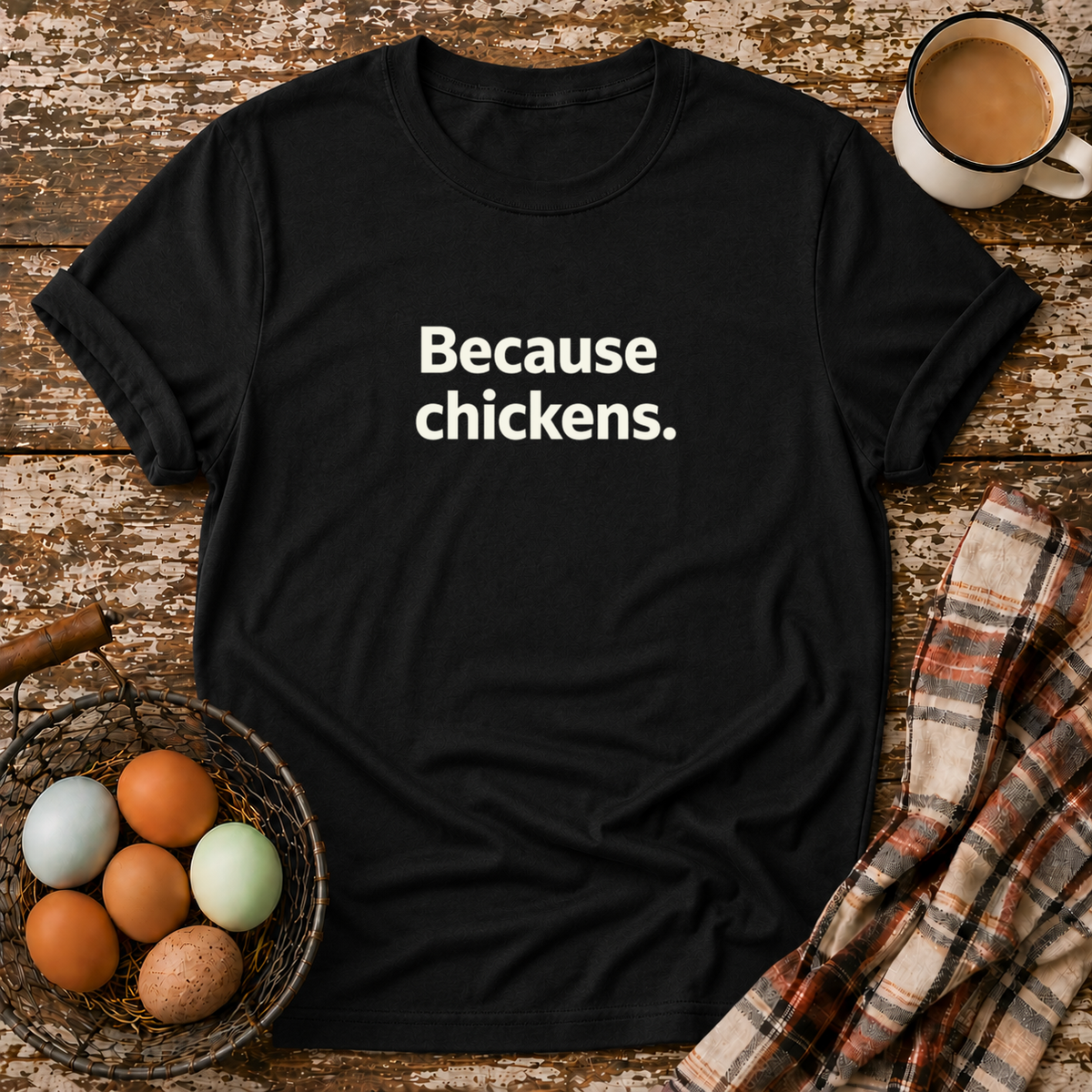 Because Chickens  T-Shirt in Black on Shady Hen Mercantile Evergreen mockup