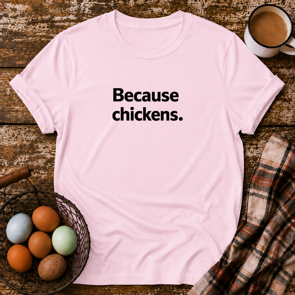 Because Chickens  T-Shirt in Light Pink on Shady Hen Mercantile Evergreen mockup
