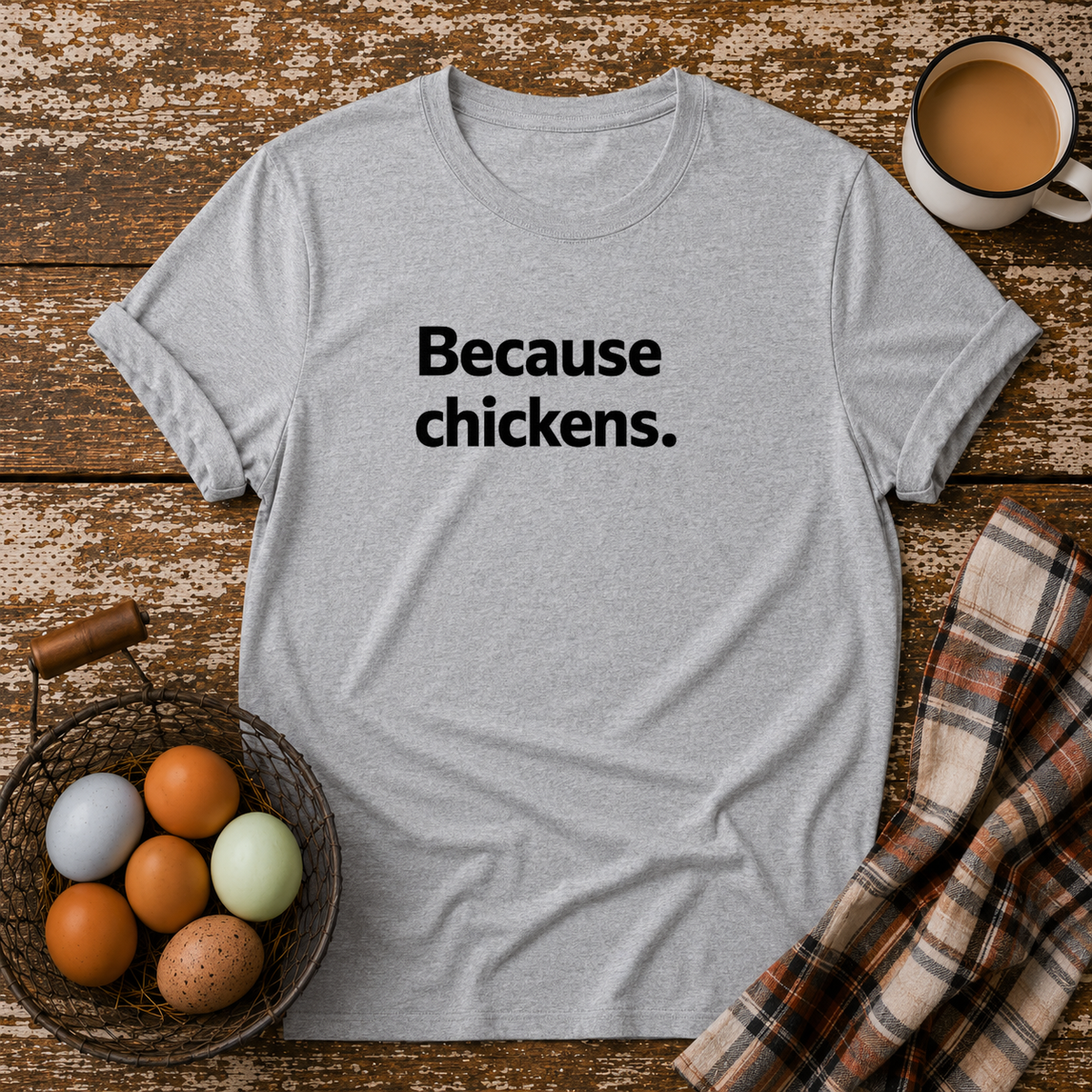 Because Chickens  T-Shirt in Sport Grey on Shady Hen Mercantile Evergreen mockup
