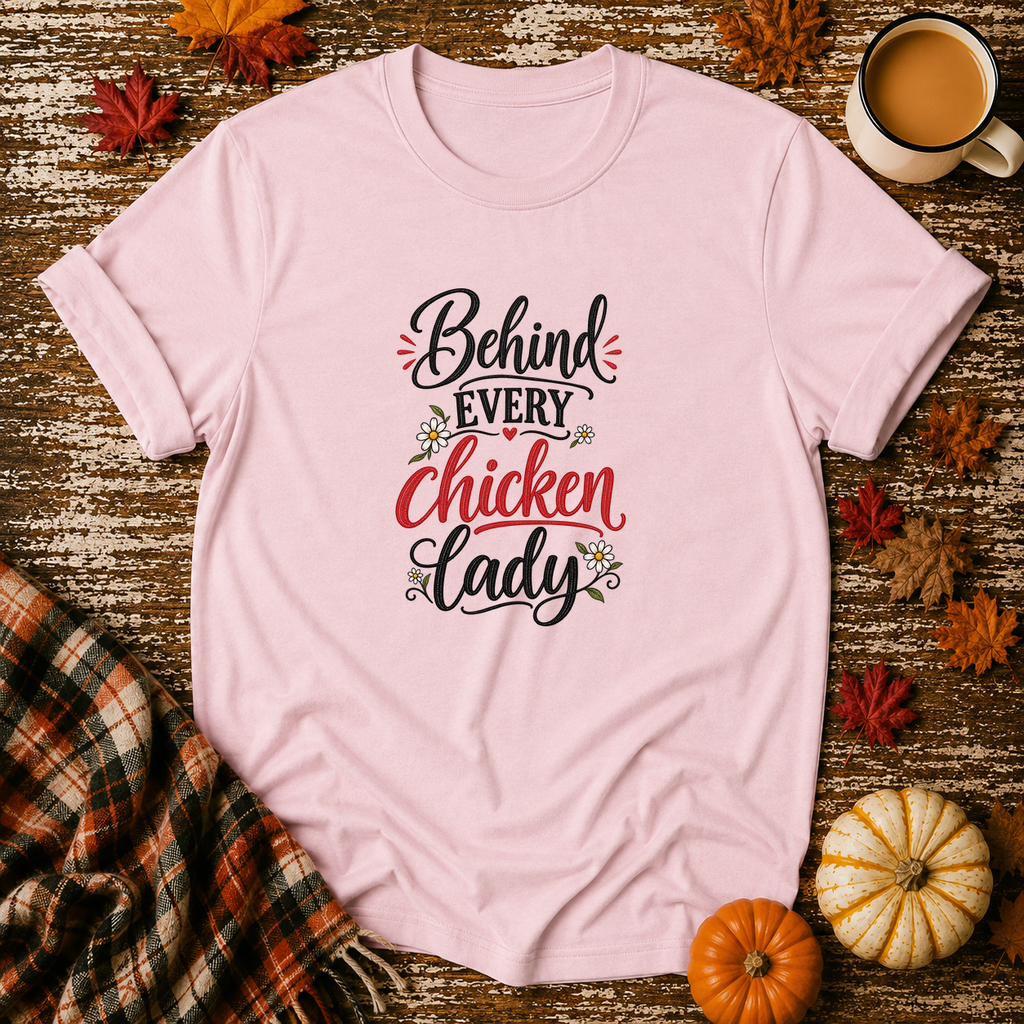 Behind Every Chicken Lady T-Shirt in Light Pink on Shady Hen Mercantile Fall mockup