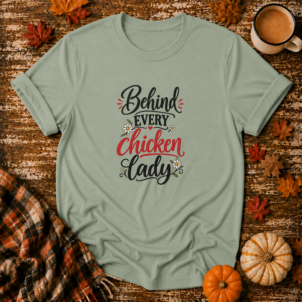 Behind Every Chicken Lady T-Shirt in Sage on Shady Hen Mercantile Fall mockup