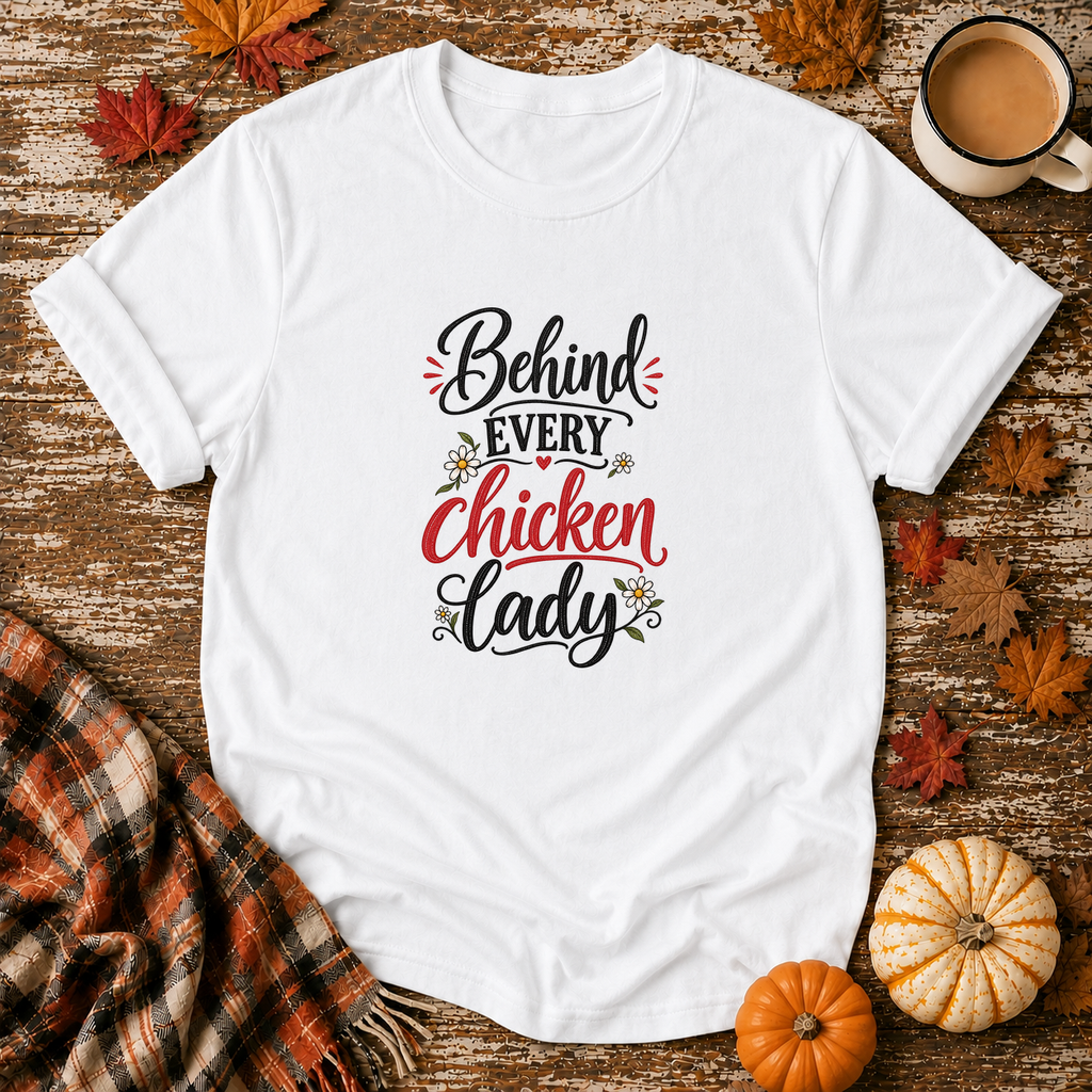 Behind Every Chicken Lady T-Shirt in White on Shady Hen Mercantile Fall mockup