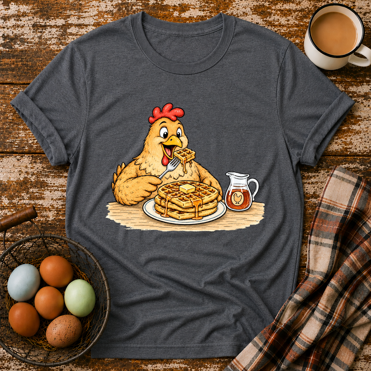 Chicken & Waffles T-Shirt in Dark Heather on Shady Hen Mercantile Evergreen mockup