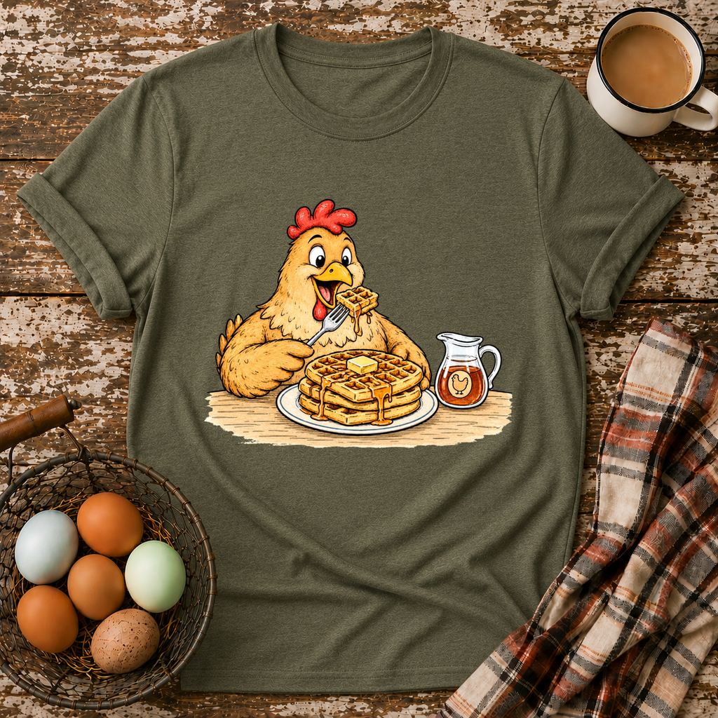 Chicken & Waffles T-Shirt in Heather Military Green on Shady Hen Mercantile Evergreen mockup