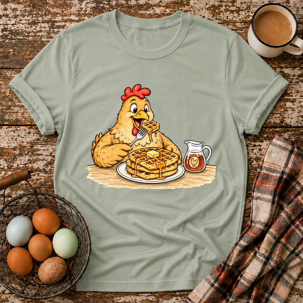 Chicken & Waffles T-Shirt in Sage on Shady Hen Mercantile Evergreen mockup