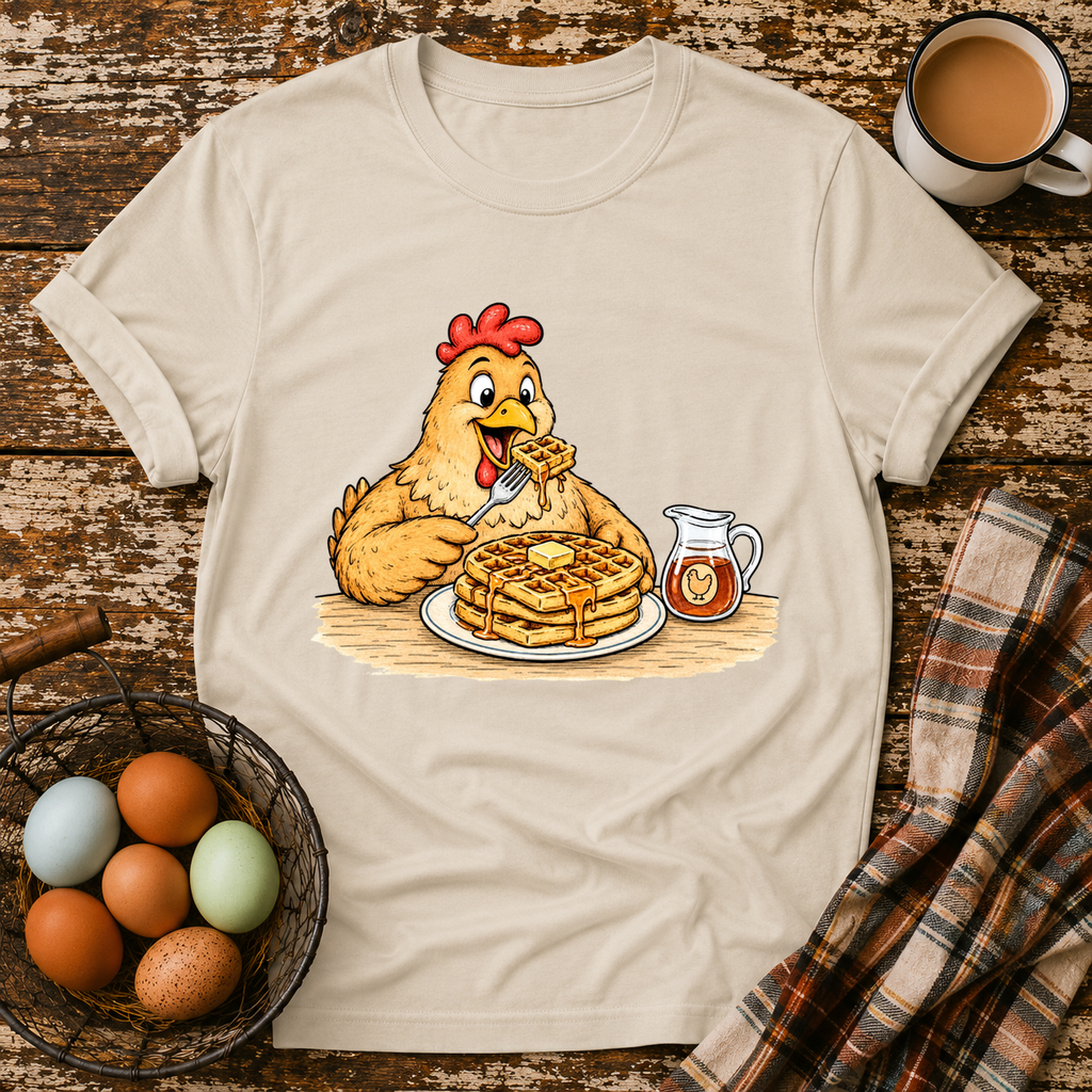 Chicken & Waffles T-Shirt in Sand on Shady Hen Mercantile Evergreen mockup