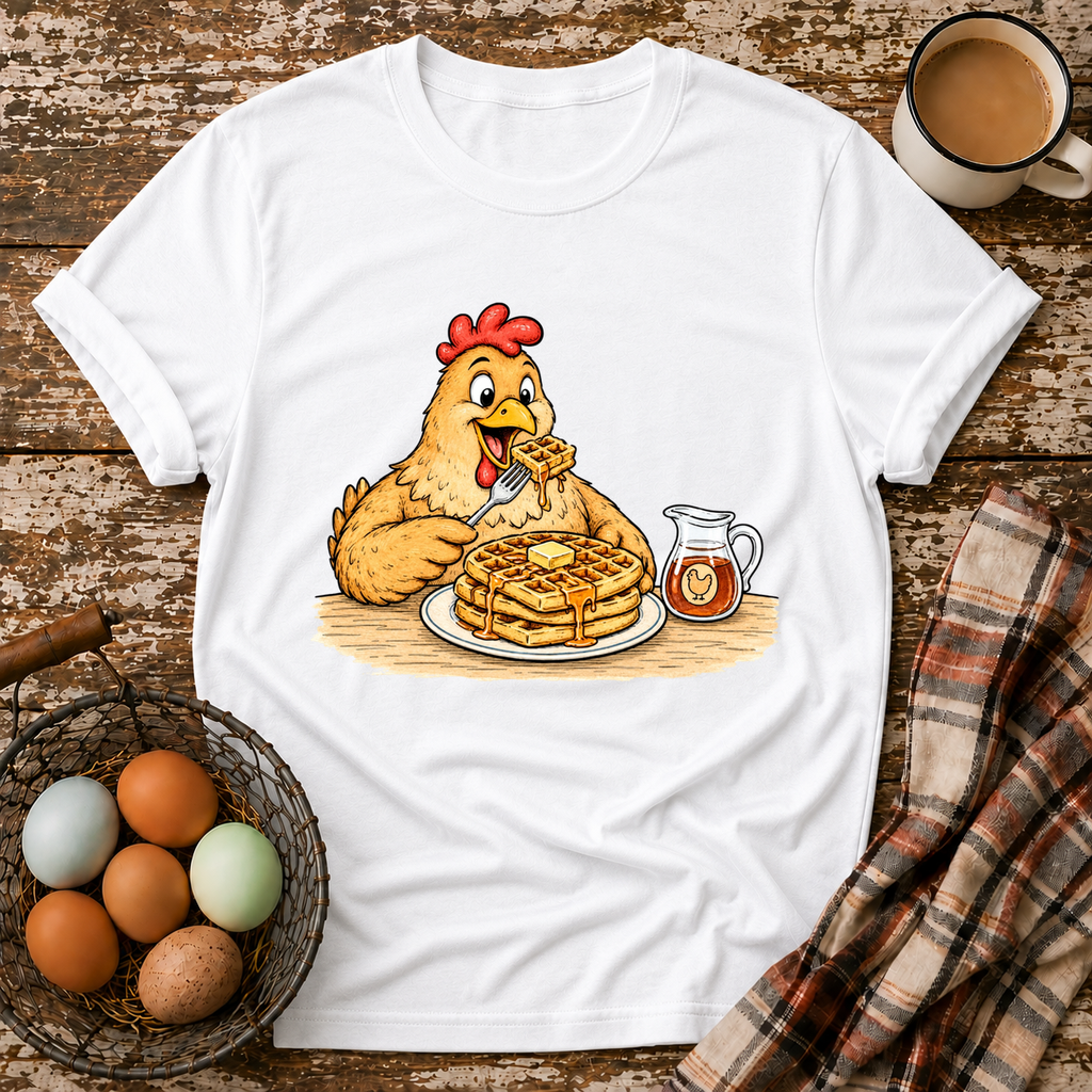 Chicken & Waffles T-Shirt in White on Shady Hen Mercantile Evergreen mockup