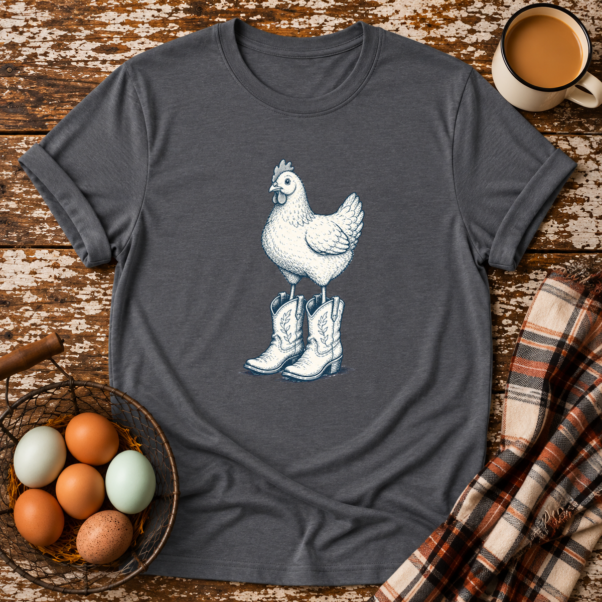 Chicken Wearing Cowboy Boots T-Shirt in Graphite Heather on Shady Hen Mercantile Evergreen mockup