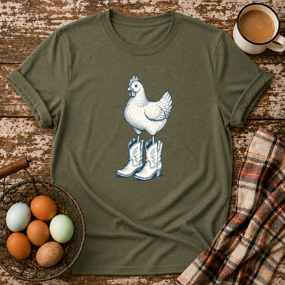 Chicken Wearing Cowboy Boots T-Shirt in Heather Military Green on Shady Hen Mercantile Evergreen mockup
