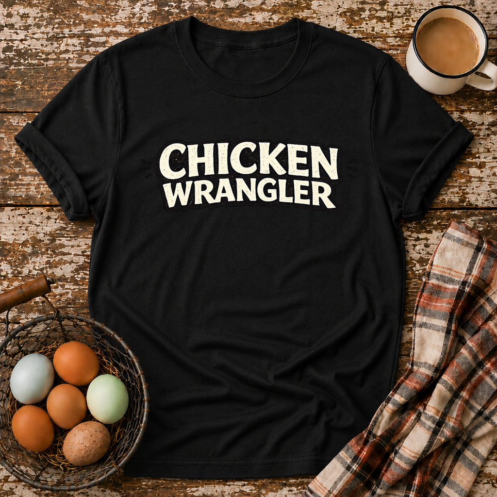 Chicken Wrangler  T-Shirt in Black on Shady Hen Mercantile Evergreen mockup