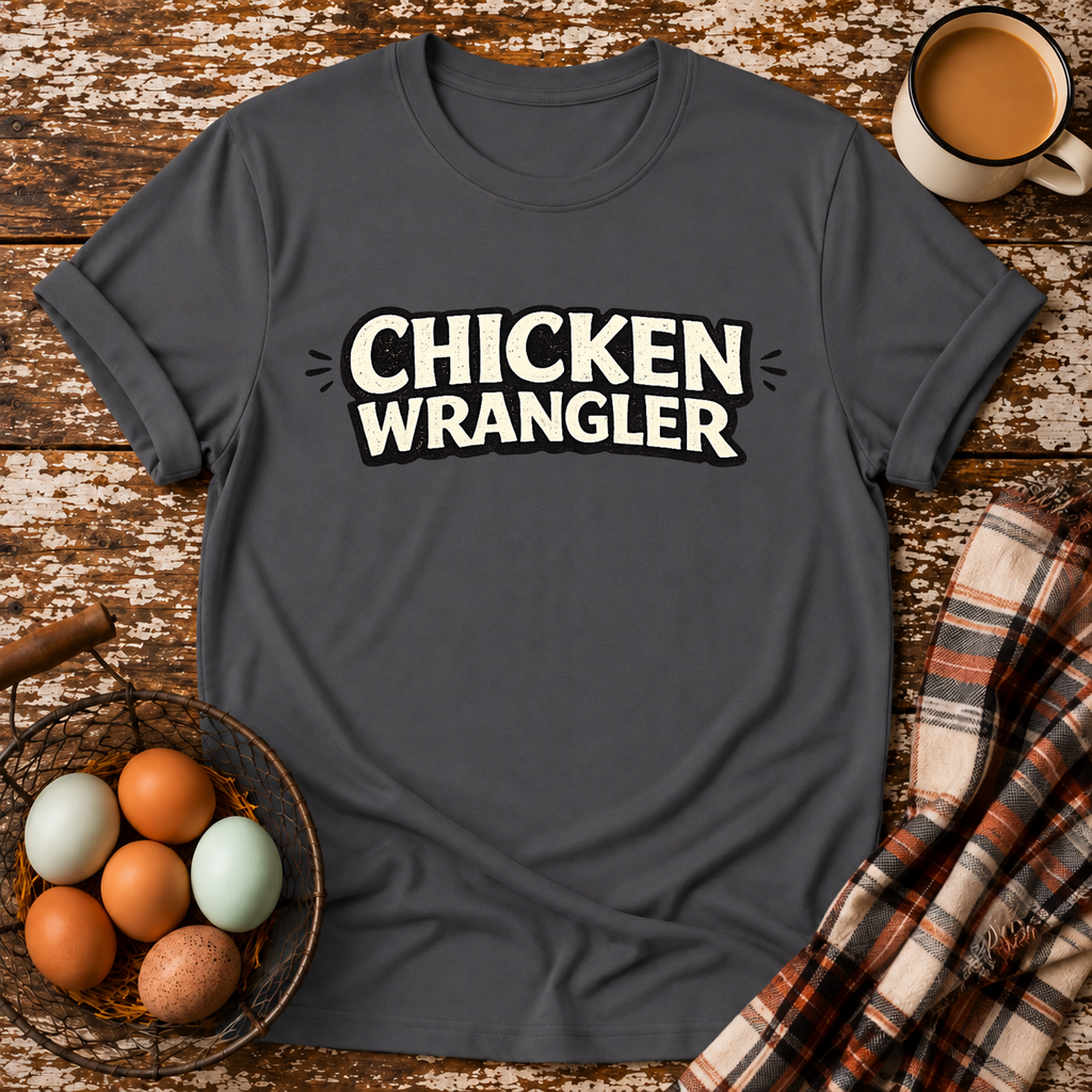 Chicken Wrangler  T-Shirt in Charcoal on Shady Hen Mercantile Evergreen mockup