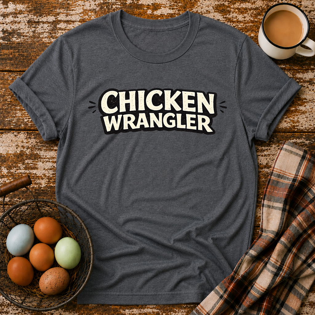 Chicken Wrangler  T-Shirt in Dark Heather on Shady Hen Mercantile Evergreen mockup