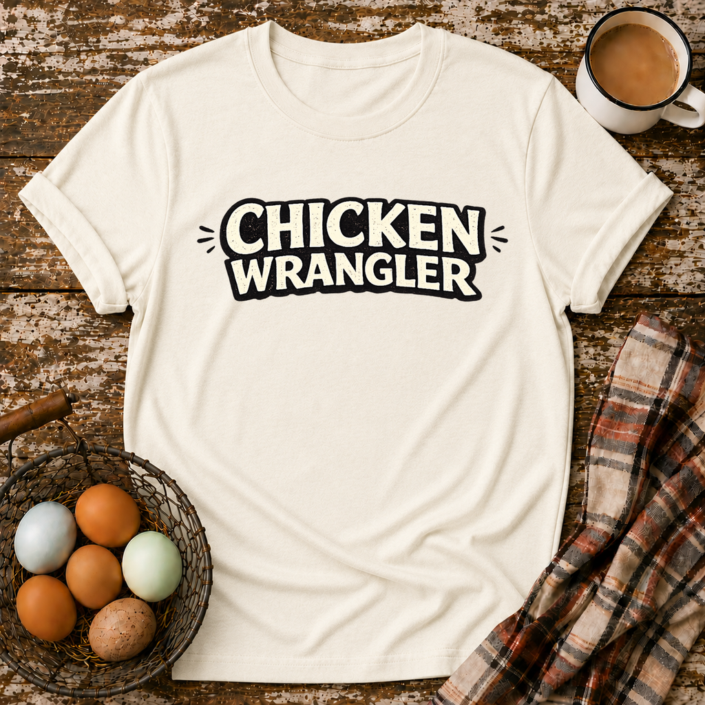 Chicken Wrangler  T-Shirt in Natural on Shady Hen Mercantile Evergreen mockup