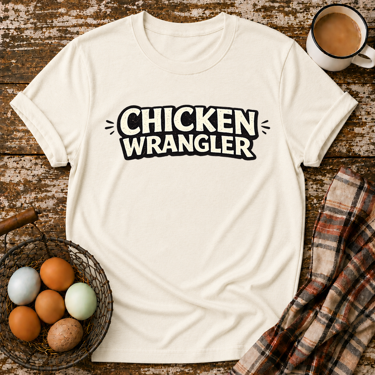 Chicken Wrangler  T-Shirt in Natural on Shady Hen Mercantile Evergreen mockup