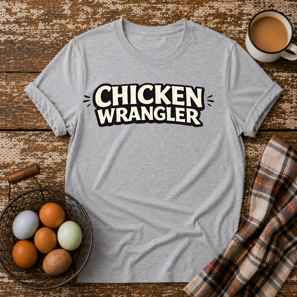 Chicken Wrangler  T-Shirt in Sport Grey on Shady Hen Mercantile Evergreen mockup