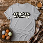 Chicken Wrangler  T-Shirt in Sport Grey on Shady Hen Mercantile Evergreen mockup
