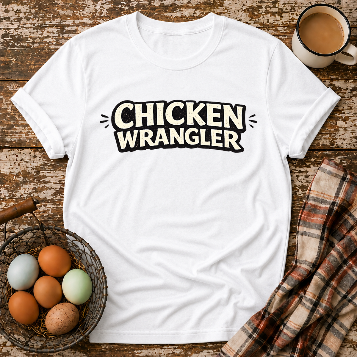 Chicken Wrangler  T-Shirt in White on Shady Hen Mercantile Evergreen mockup