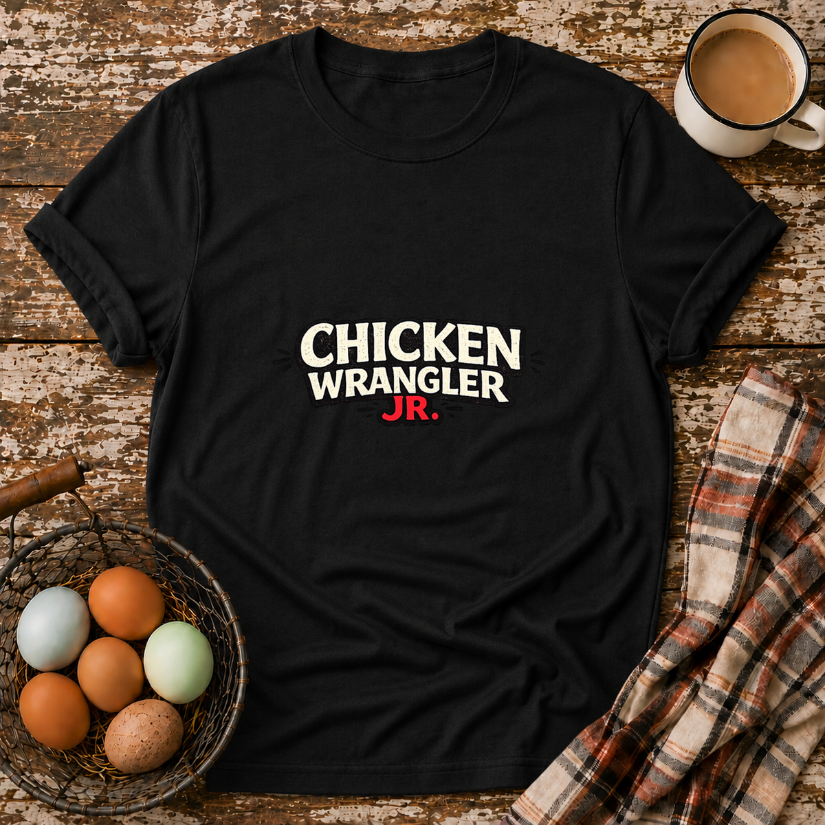 Chicken Wrangler Jr  Tee in Black on Shady Hen Mercantile Evergreen mockup
