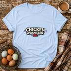 Chicken Wrangler Jr  Tee in Light Blue on Shady Hen Mercantile Evergreen mockup