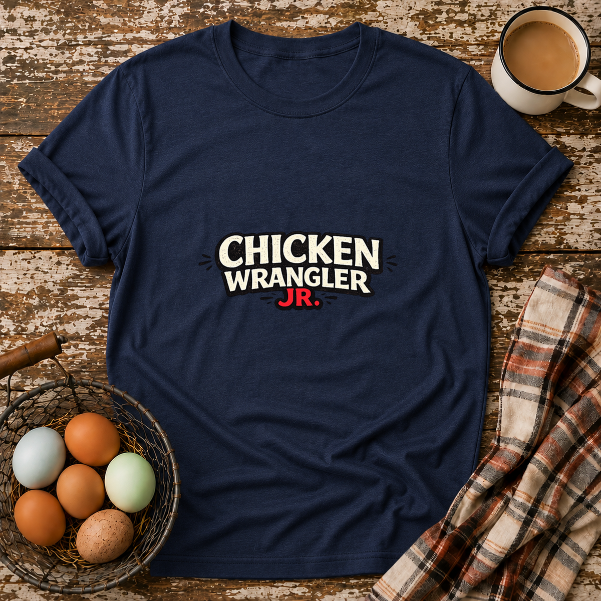 Chicken Wrangler Jr  Tee in Navy on Shady Hen Mercantile Evergreen mockup