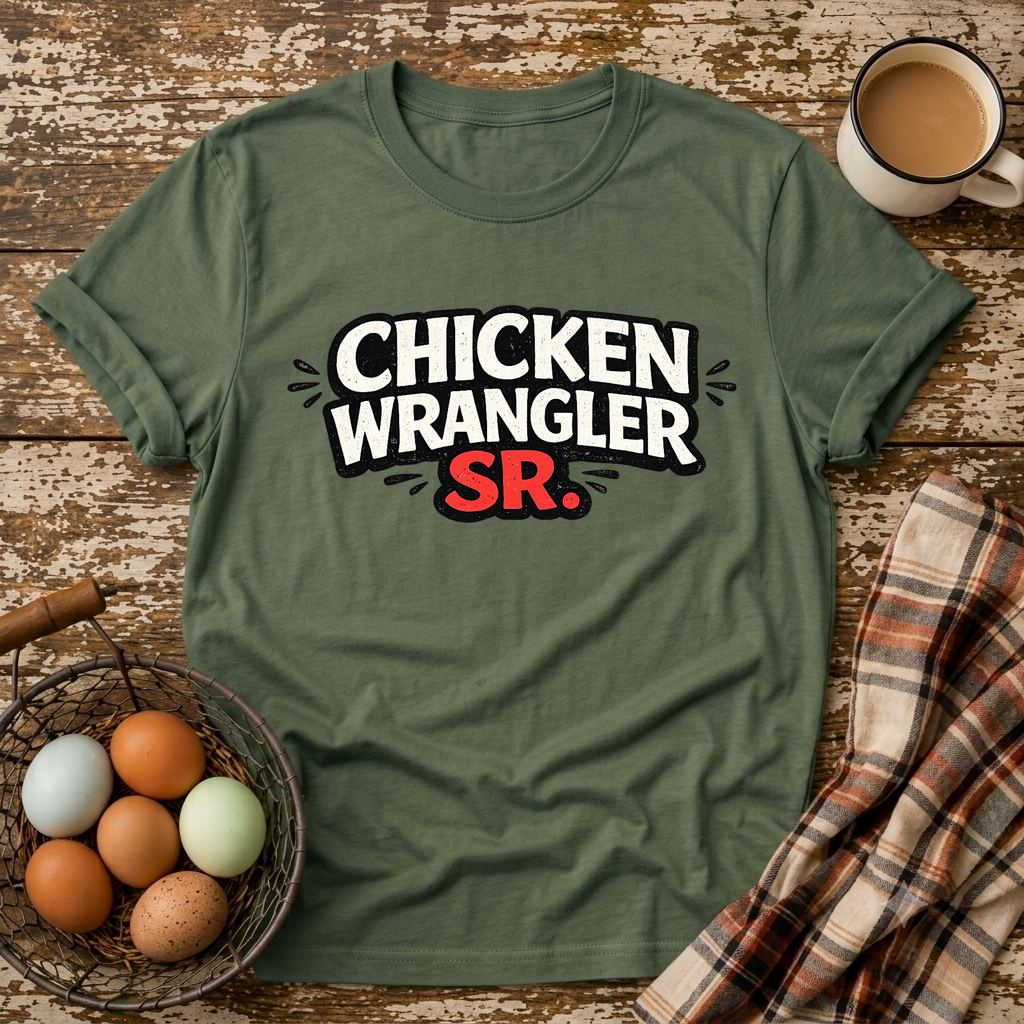 Chicken Wrangler Sr  T-Shirt in Military Green on Shady Hen Mercantile Evergreen mockup