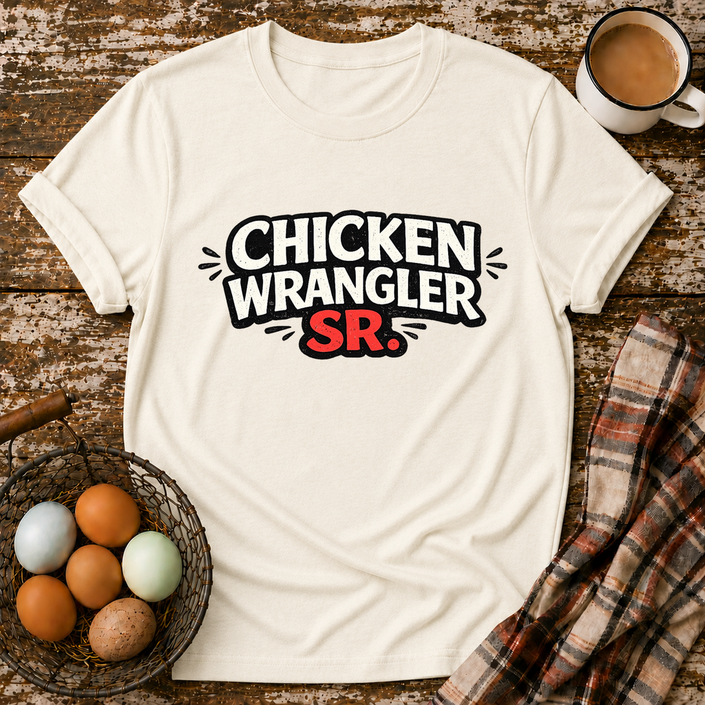 Chicken Wrangler Sr  T-Shirt in Natural on Shady Hen Mercantile Evergreen mockup