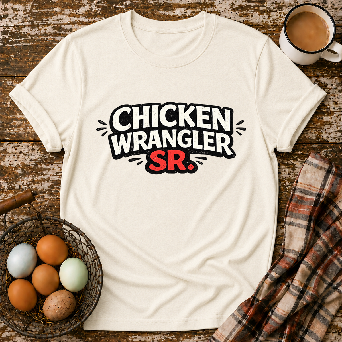Chicken Wrangler Sr  T-Shirt in Natural on Shady Hen Mercantile Evergreen mockup