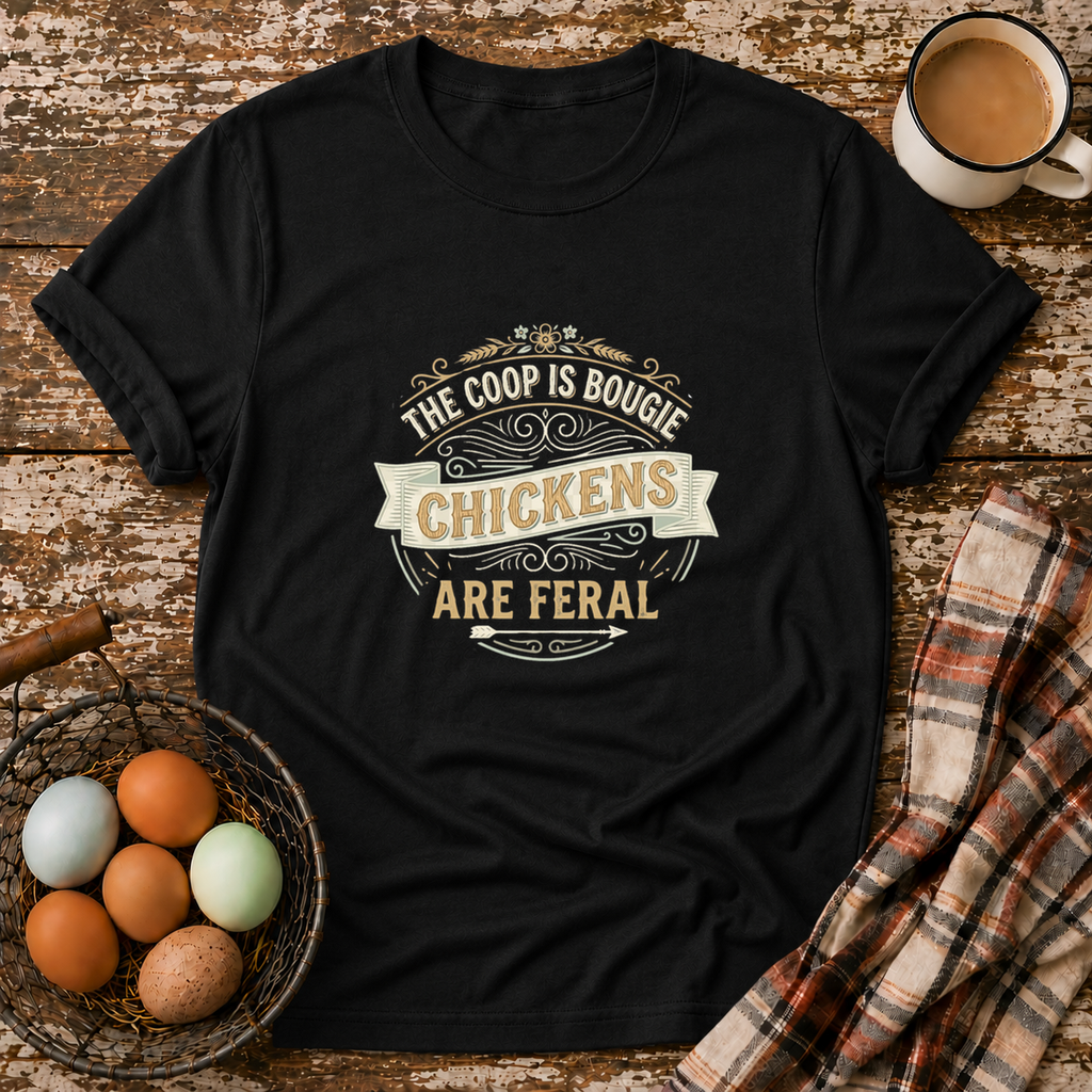 Chickens Are Feral T-Shirt in Black on Shady Hen Mercantile Evergreen mockup