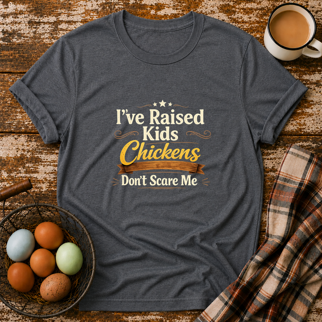 Chickens Don't Scare Me  T-Shirt in Dark Heather Grey on Shady Hen Mercantile Evergreen mockup