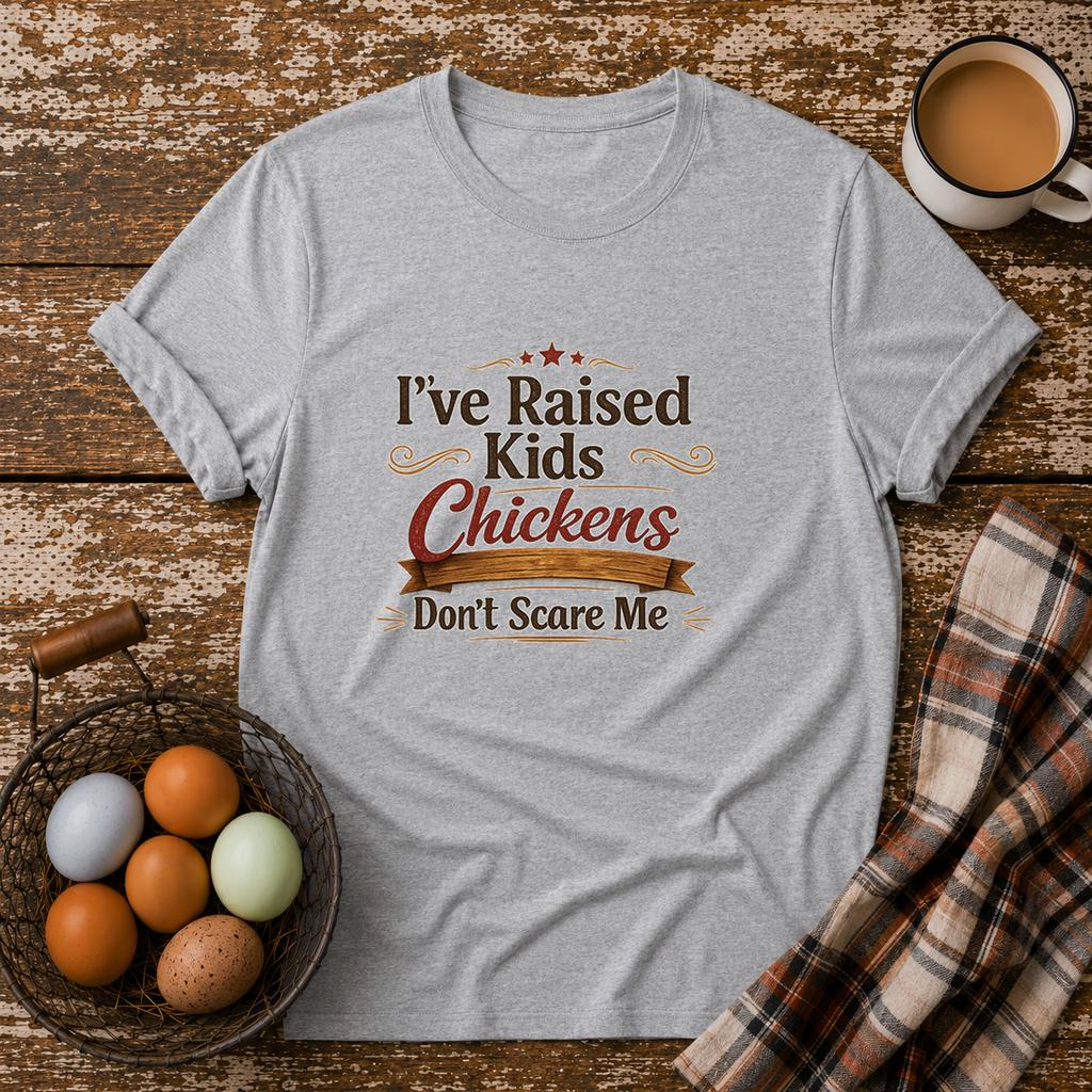 Chickens Don't Scare Me  T-Shirt in Sport Grey on Shady Hen Mercantile Evergreen mockup