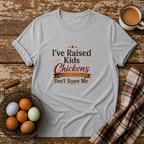 Chickens Don't Scare Me  T-Shirt in Sport Grey on Shady Hen Mercantile Evergreen mockup