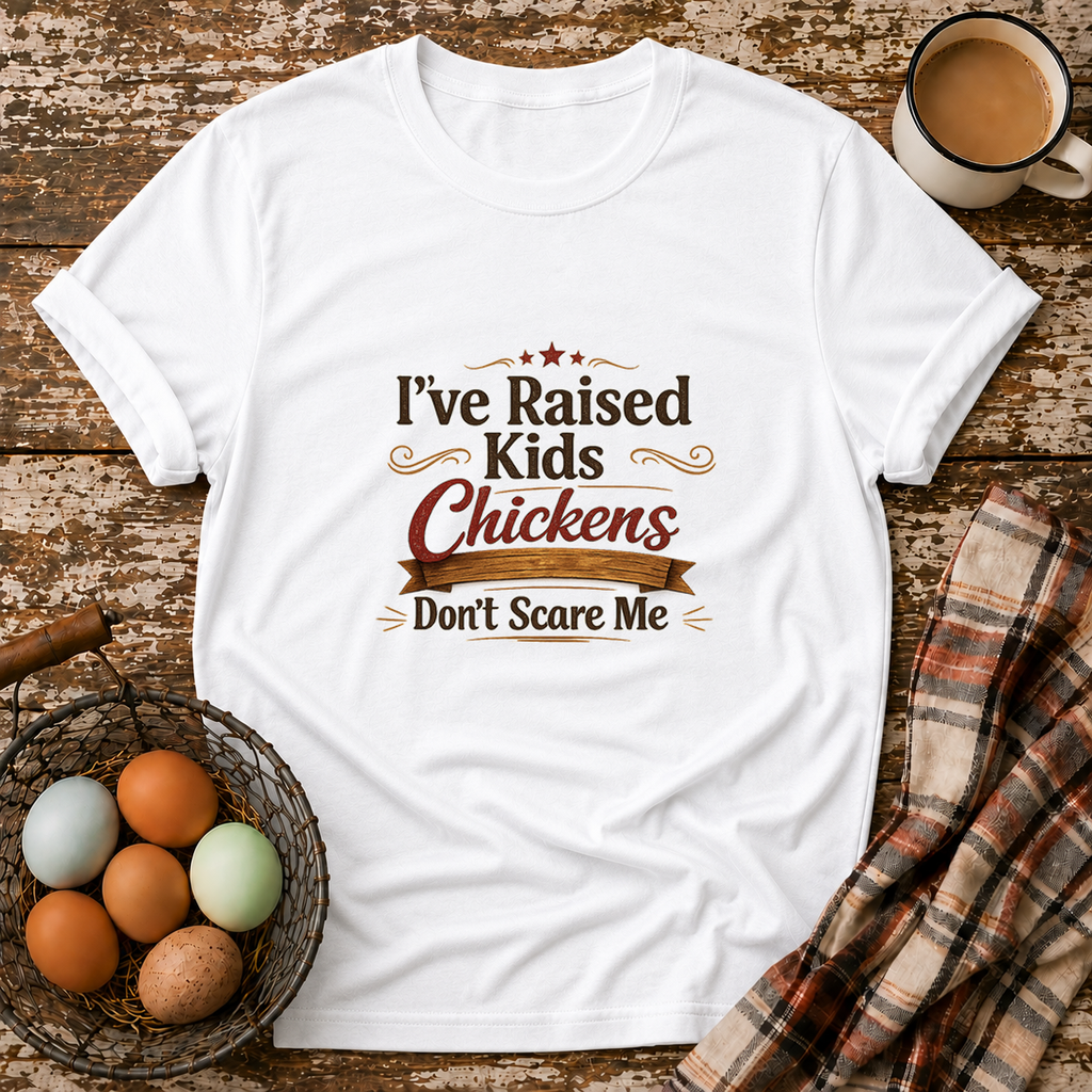 Chickens Don't Scare Me  T-Shirt in White on Shady Hen Mercantile Evergreen mockup