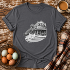 Chickens Going for Waffles T-Shirt in Graphite Heather on Shady Hen Mercantile Evergreen mockup