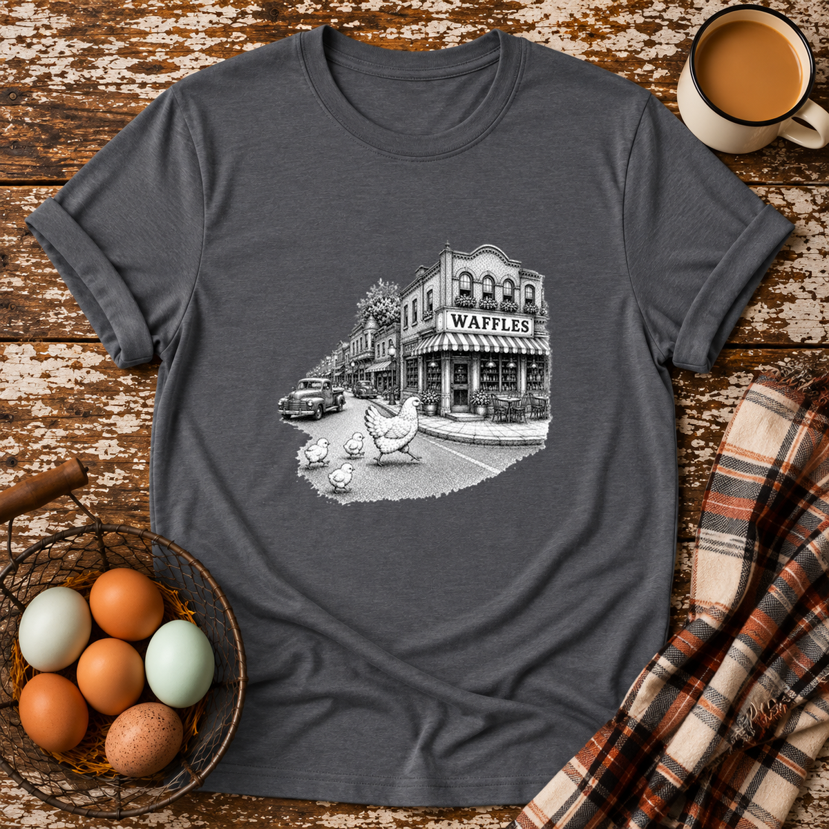 Chickens Going for Waffles T-Shirt in Graphite Heather on Shady Hen Mercantile Evergreen mockup