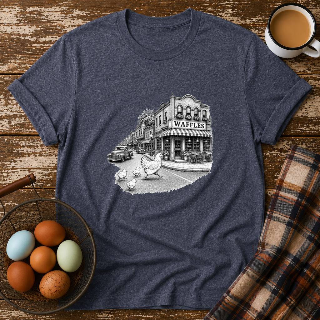 Chickens Going for Waffles T-Shirt in Heather Navy on Shady Hen Mercantile Evergreen mockup