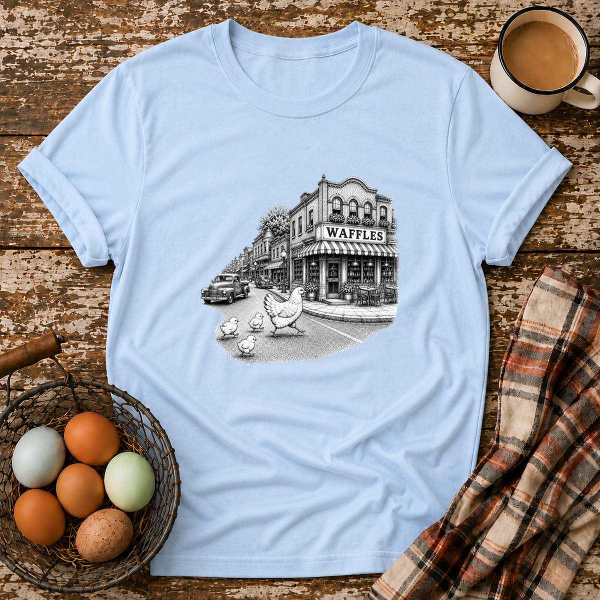 Chickens Going for Waffles T-Shirt in Light Blue on Shady Hen Mercantile Evergreen mockup