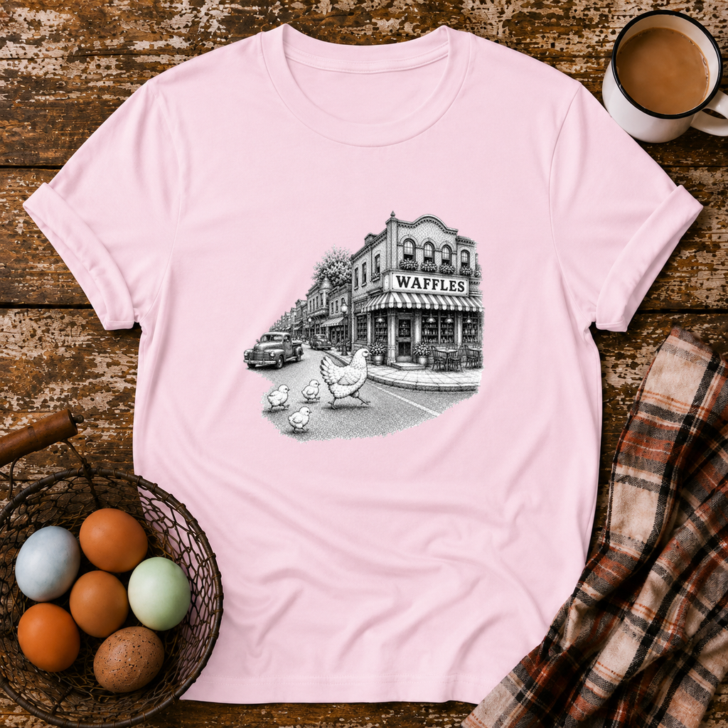 Chickens Going for Waffles T-Shirt in Light Pink on Shady Hen Mercantile Evergreen mockup