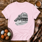 Chickens Going for Waffles T-Shirt in Light Pink on Shady Hen Mercantile Evergreen mockup
