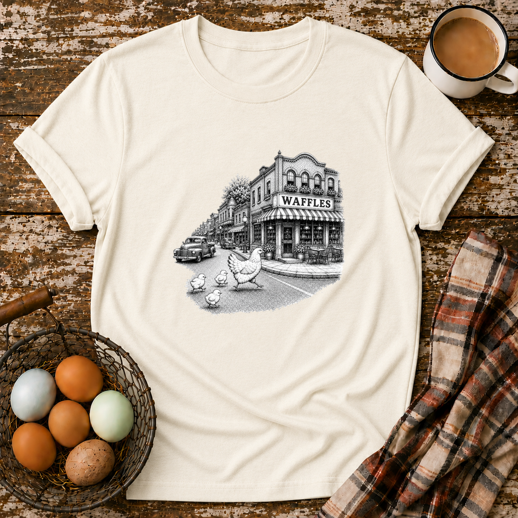 Chickens Going for Waffles T-Shirt in Natural on Shady Hen Mercantile Evergreen mockup