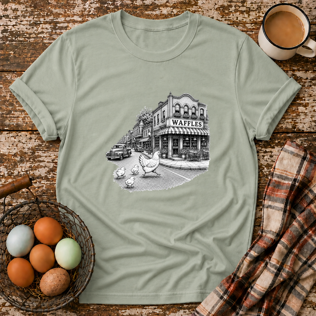 Chickens Going for Waffles T-Shirt in Sage on Shady Hen Mercantile Evergreen mockup