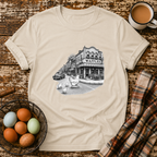 Chickens Going for Waffles T-Shirt in Sand on Shady Hen Mercantile Evergreen mockup