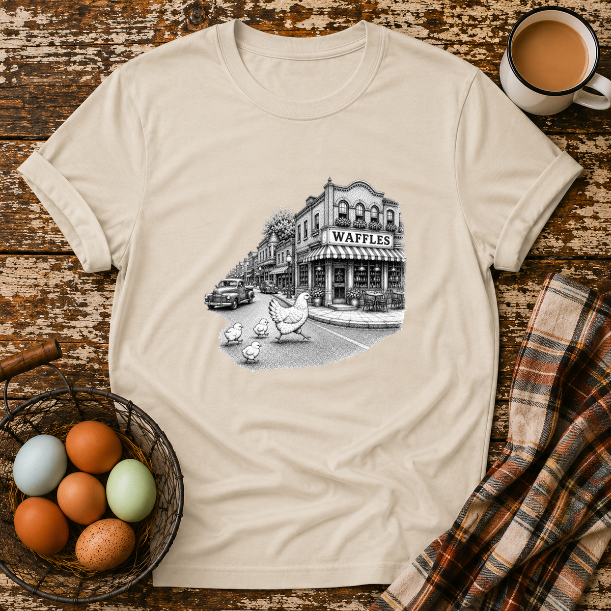 Chickens Going for Waffles T-Shirt in Sand on Shady Hen Mercantile Evergreen mockup